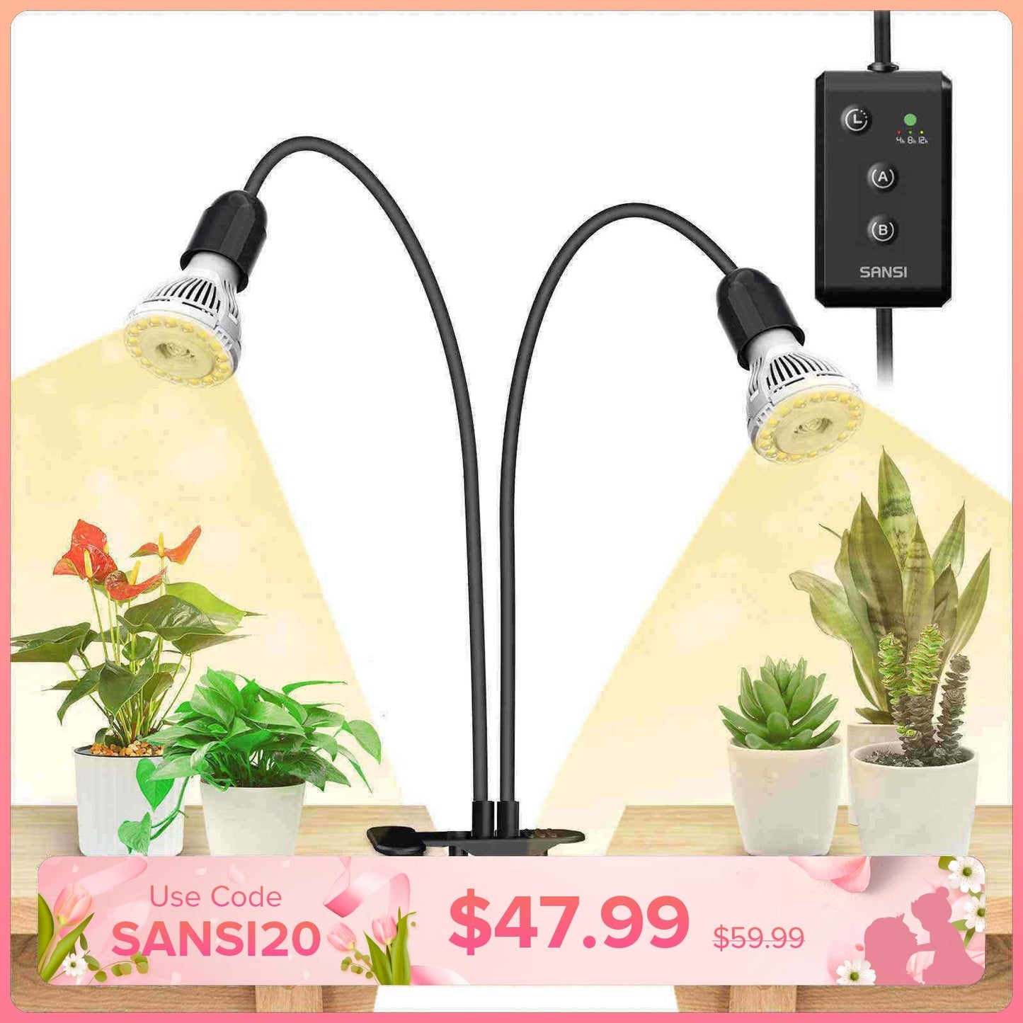 LED Grow Light, 20W Full Spectrum, 2-Head Clip-on Timer