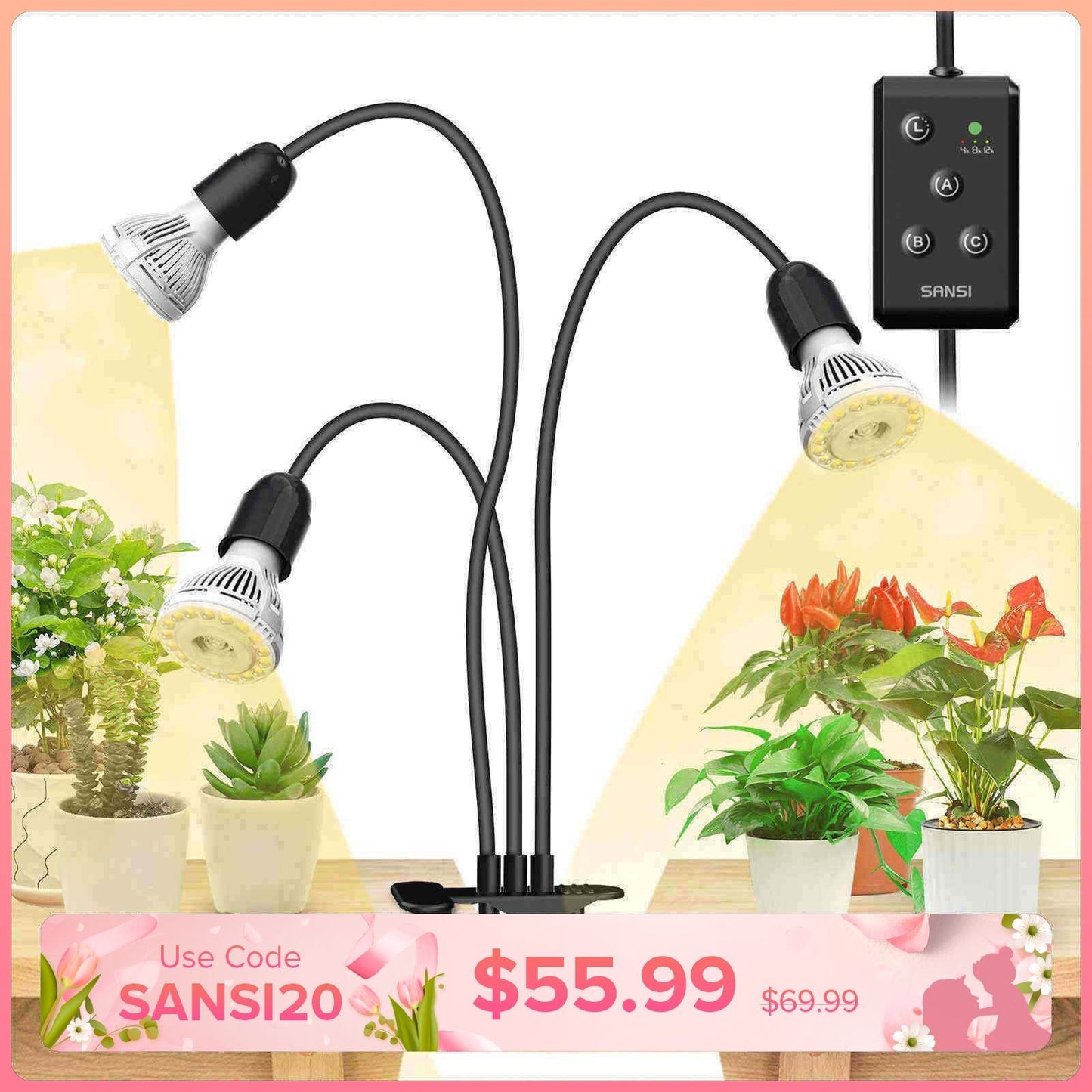 30W 3-Head Clip-on LED Grow Light with Timer