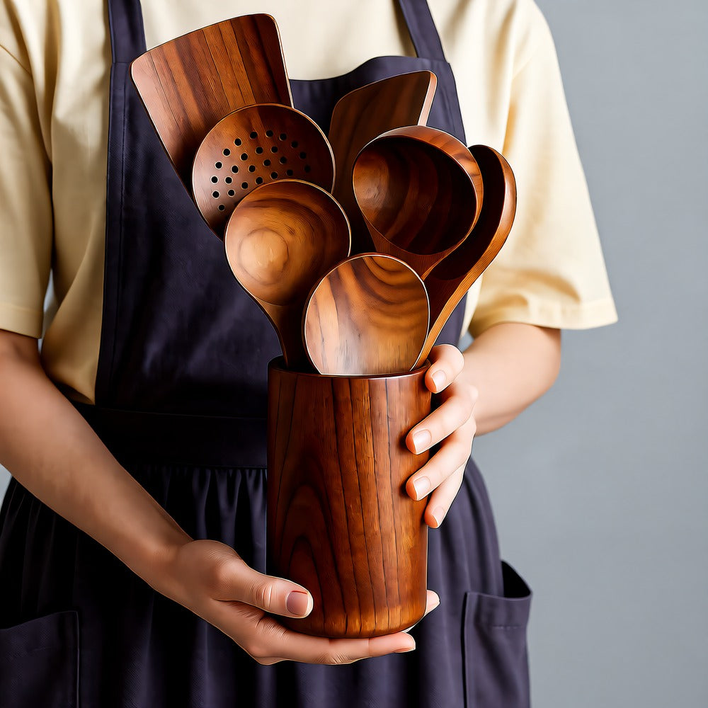 Teak Wood Kitchen Utensil Set, Natural, Cooking