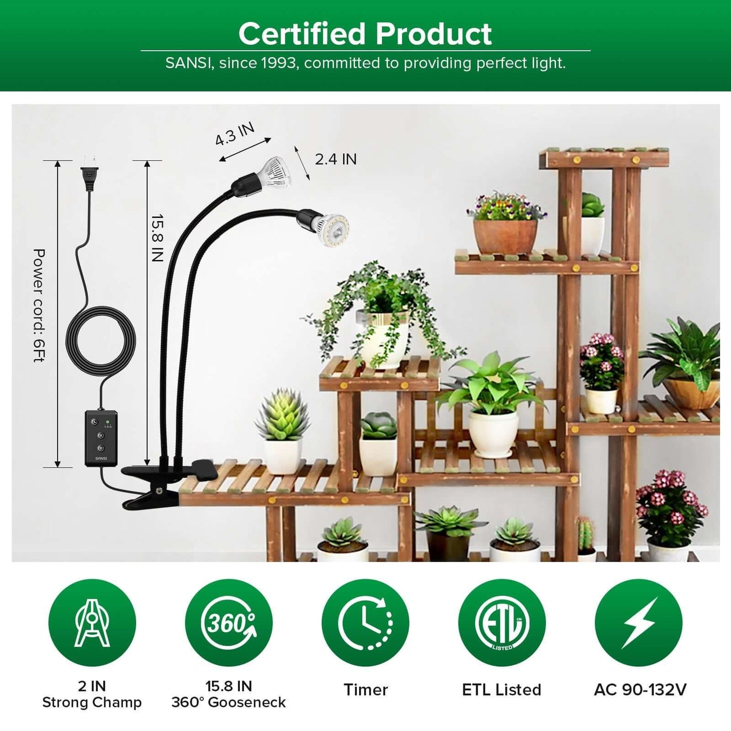 LED Grow Light, 20W Full Spectrum, 2-Head Clip-on Timer