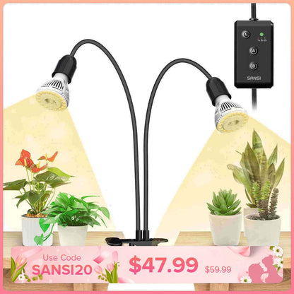LED Grow Light, 20W Full Spectrum, 2-Head Clip-on Timer
