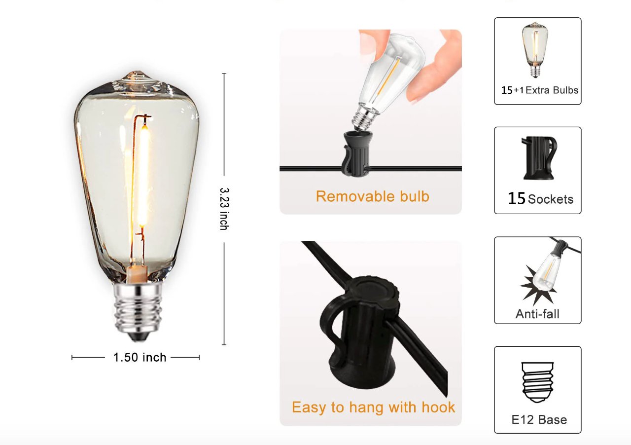 String Lights Shatterproof Waterproof 15-Bulb Electric Outdoor