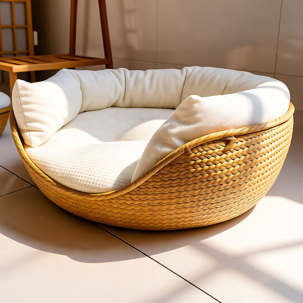 Basket Dog Bed, Rattan & Cotton, Small to Medium Dogs