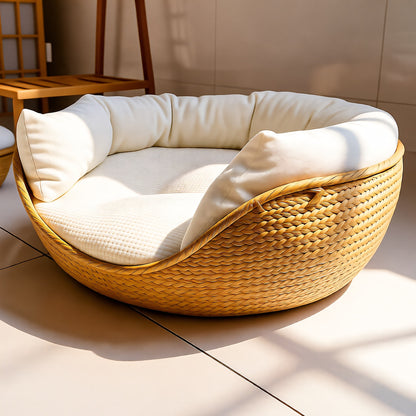 Basket Dog Bed, Rattan & Cotton, Small to Medium Dogs