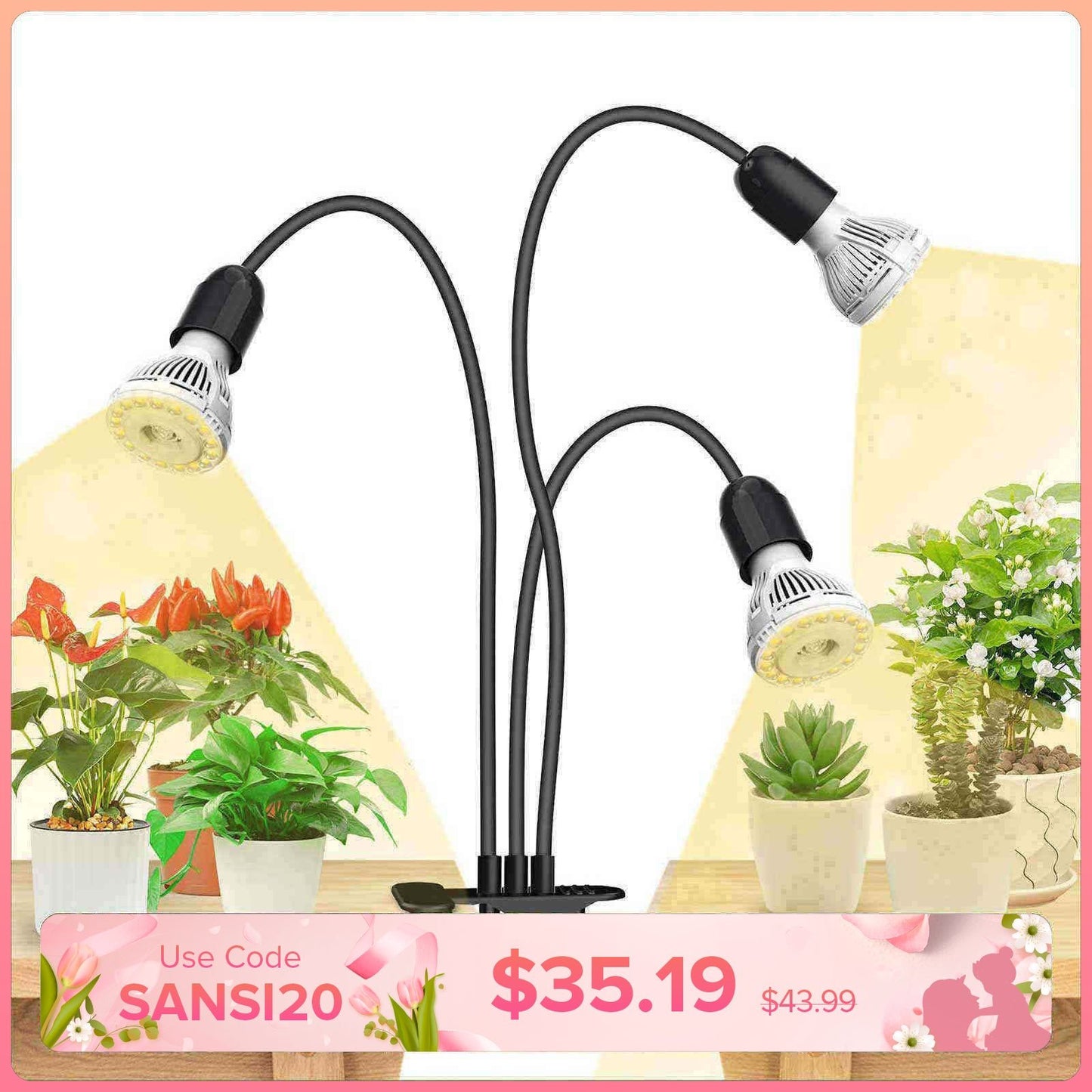 LED Grow Light, 30W Adjustable 3-Head Clip-on for Plants