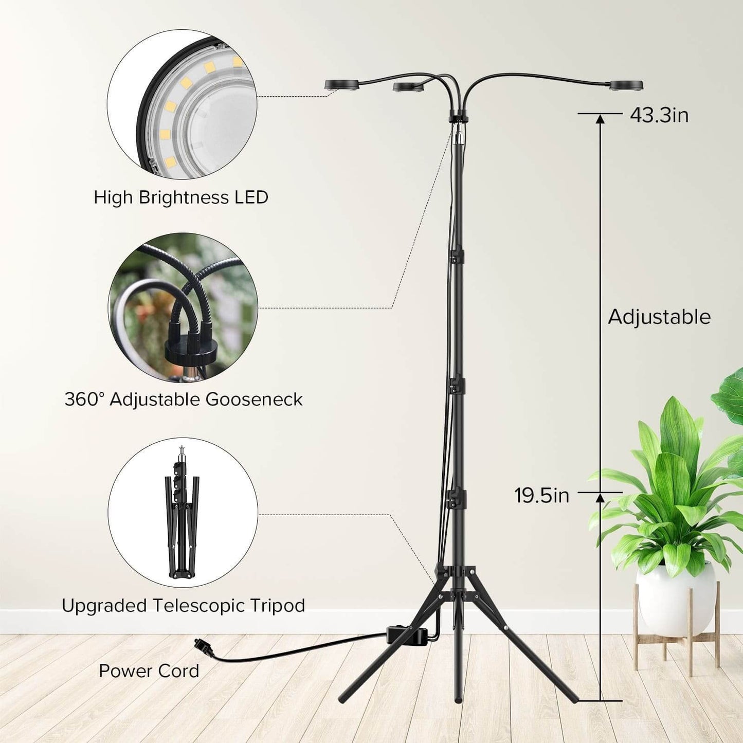 Plant Grow Light Full Spectrum 30W 3-Head Adjustable Tripod Remote