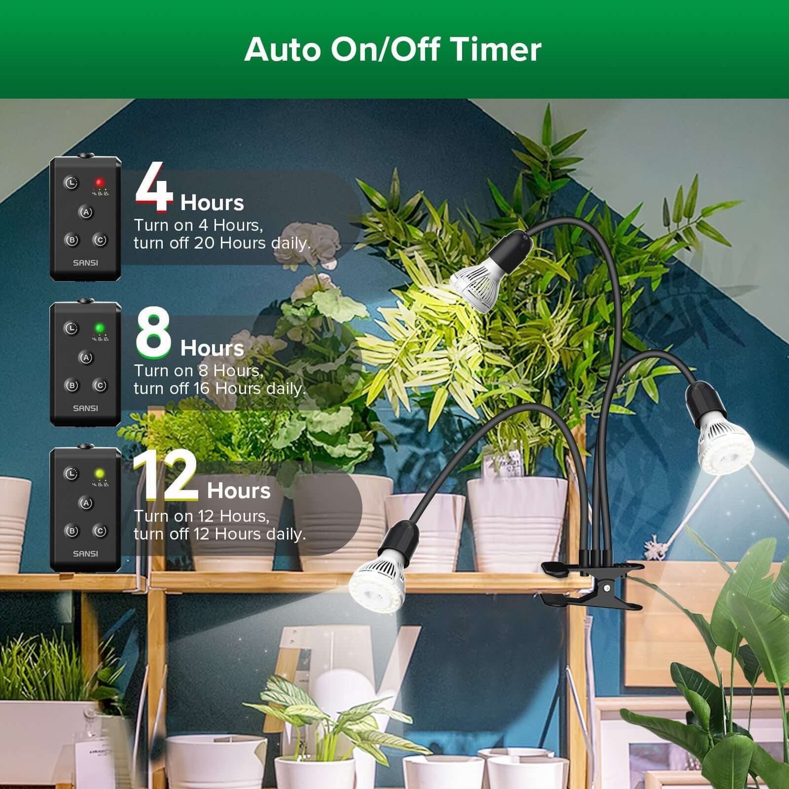 30W 3-Head Clip-on LED Grow Light with Timer