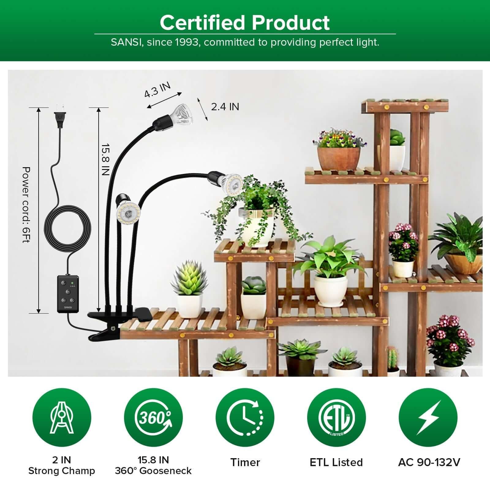 30W 3-Head Clip-on LED Grow Light with Timer