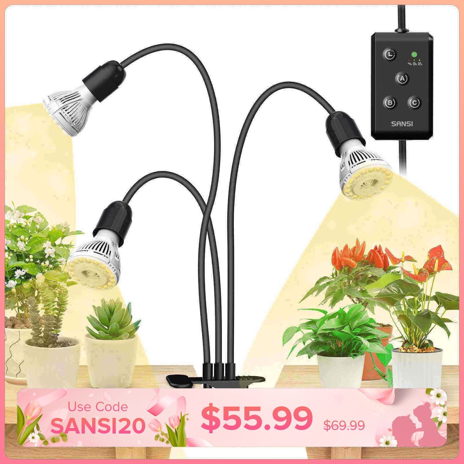 30W 3-Head Clip-on LED Grow Light with Timer