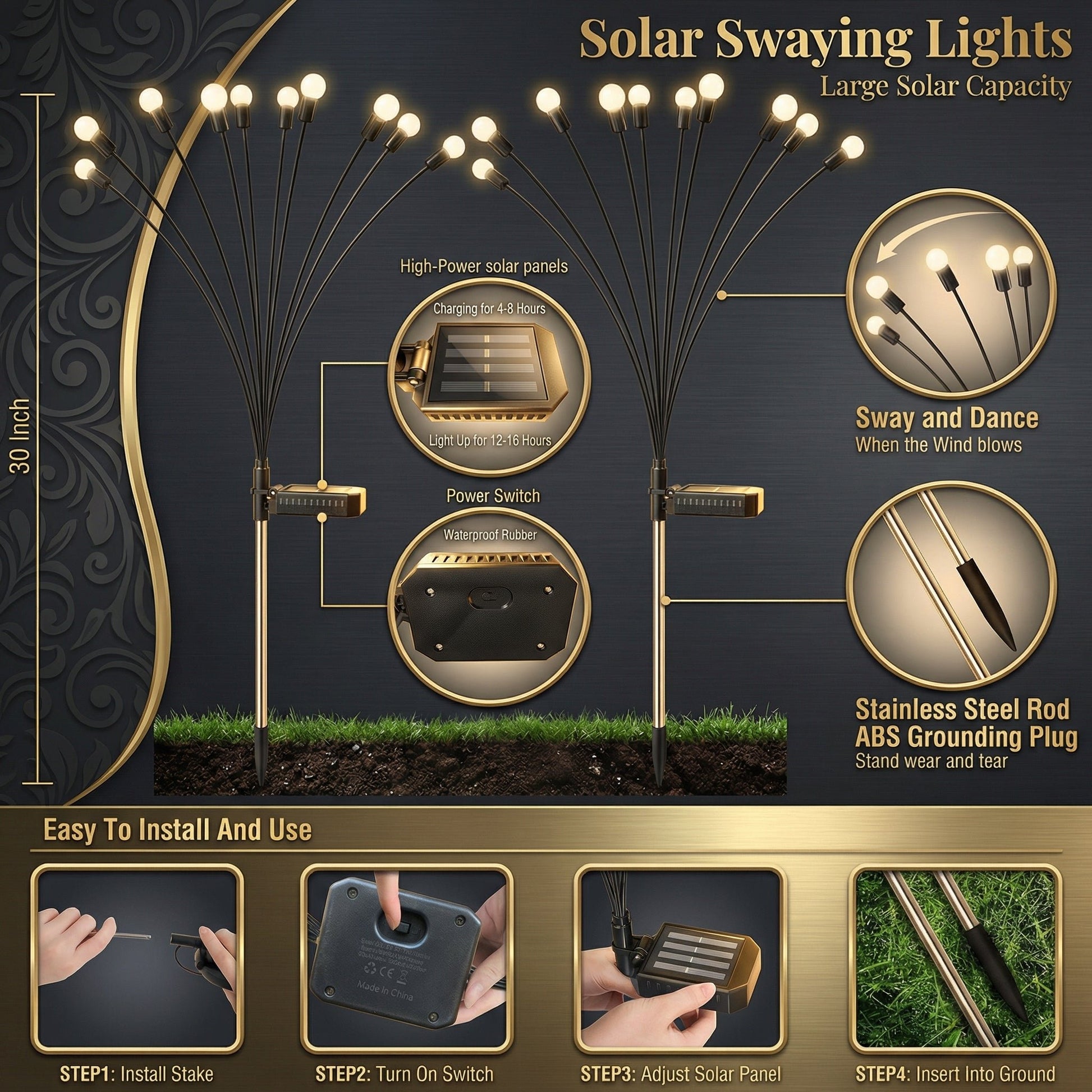 Solar Swaying Garden Lights, Waterproof, Ground Stake, Outdoor Pathway