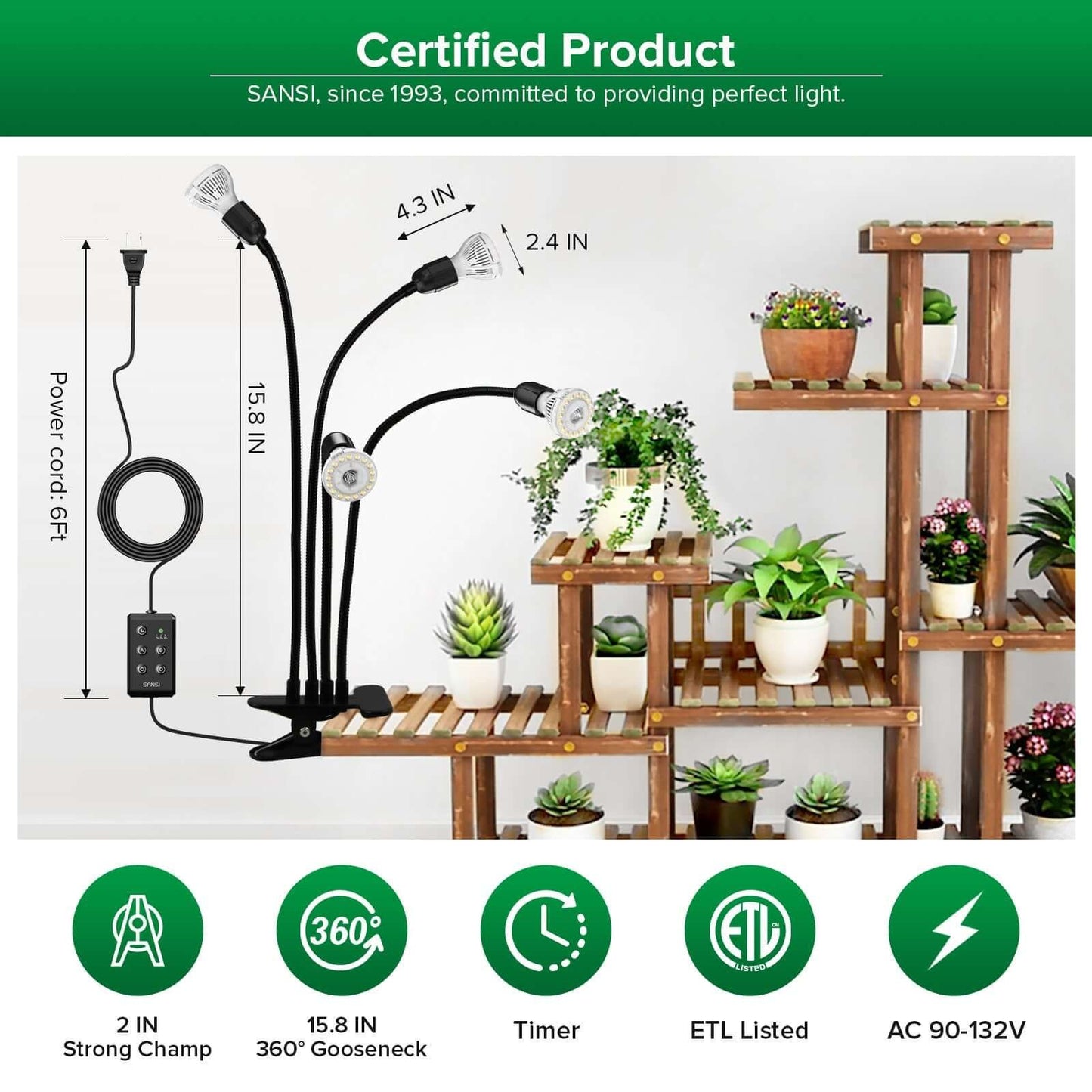 40W LED Grow Light, 4-Head Clip-on, Full Spectrum Plant Light
