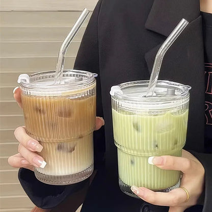Ribbed Glass To-Go Cup Heat-Resistant With Lid Straw Travel Drink