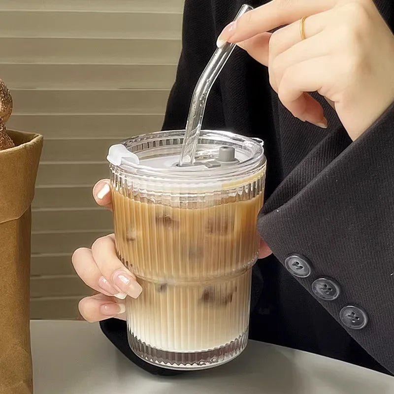Ribbed Glass To-Go Cup Heat-Resistant With Lid Straw Travel Drink
