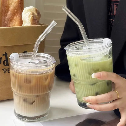 Ribbed Glass To-Go Cup Heat-Resistant With Lid Straw Travel Drink