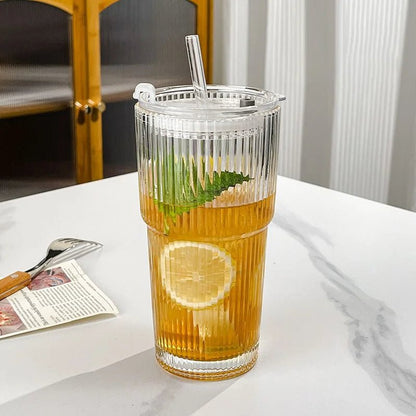Ribbed Glass To-Go Cup Heat-Resistant With Lid Straw Travel Drink