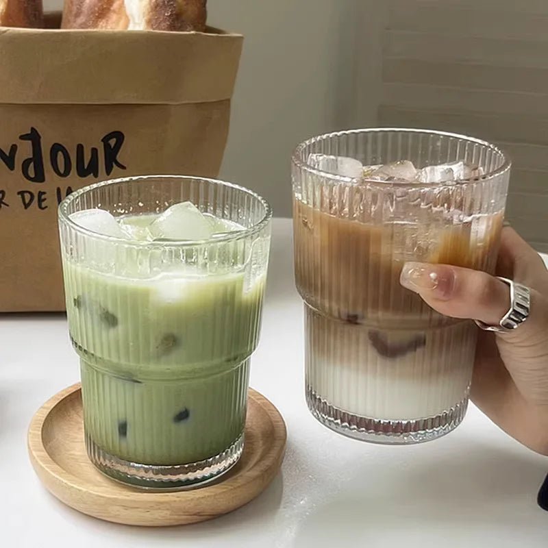 Ribbed Glass To-Go Cup Heat-Resistant With Lid Straw Travel Drink