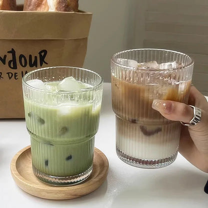 Ribbed Glass To-Go Cup Heat-Resistant With Lid Straw Travel Drink