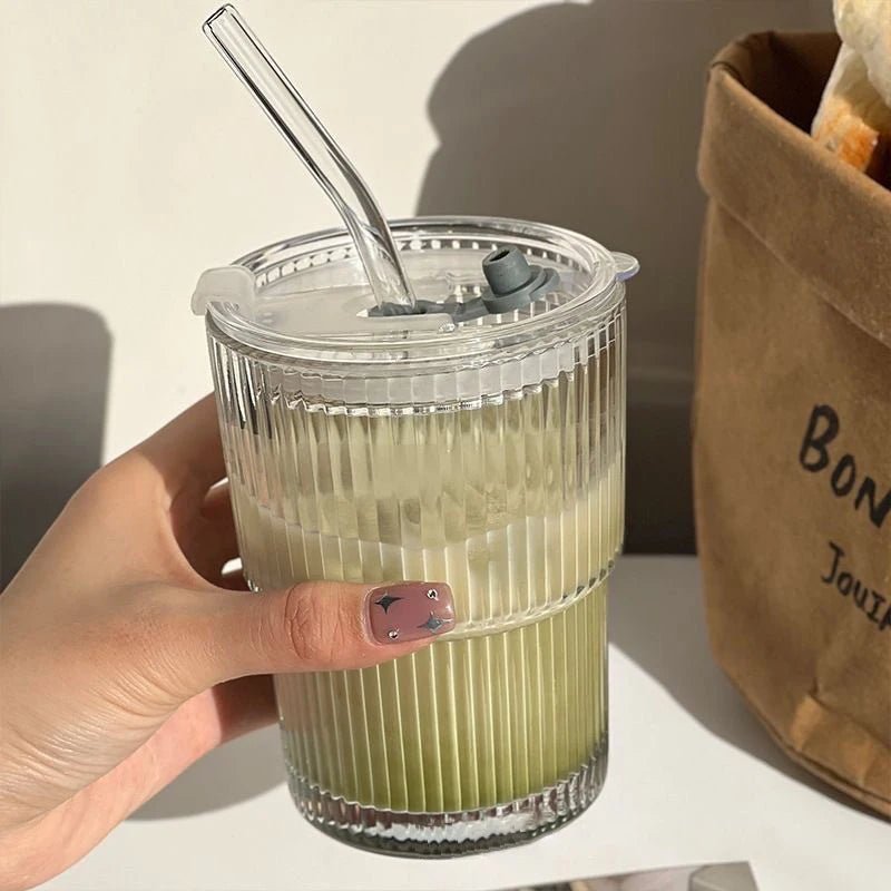 Ribbed Glass To-Go Cup Heat-Resistant With Lid Straw Travel Drink