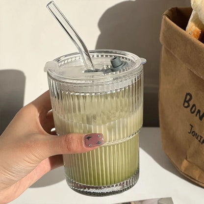 Ribbed Glass To-Go Cup Heat-Resistant With Lid Straw Travel Drink