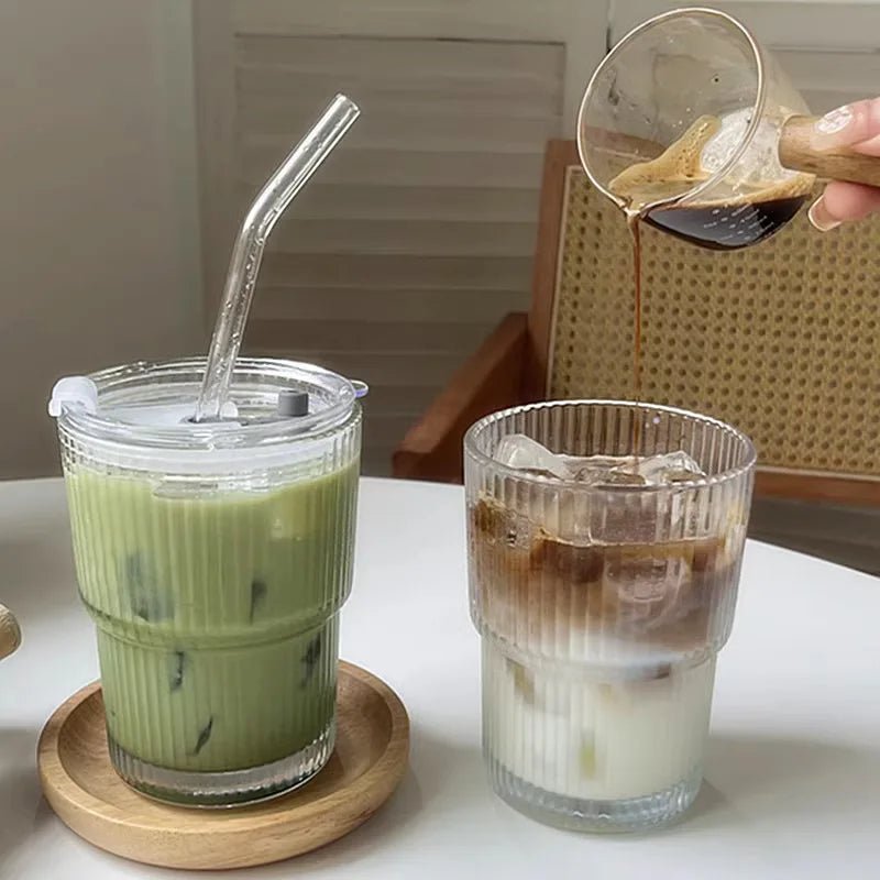 Ribbed Glass To-Go Cup Heat-Resistant With Lid Straw Travel Drink