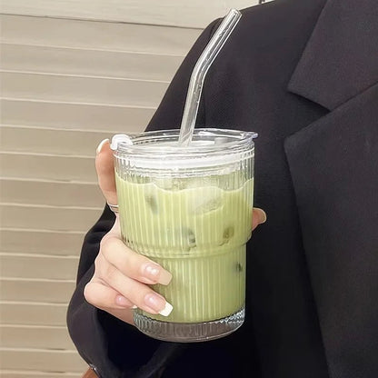 Ribbed Glass To-Go Cup Heat-Resistant With Lid Straw Travel Drink