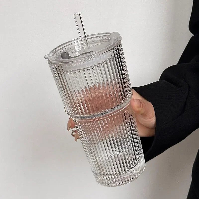 Ribbed Glass To-Go Cup Heat-Resistant With Lid Straw Travel Drink