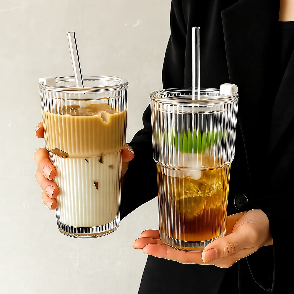 Ribbed Glass To-Go Cup Heat-Resistant With Lid Straw Travel Drink