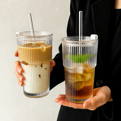 Ribbed Glass To-Go Cup Heat-Resistant With Lid Straw Travel Drink