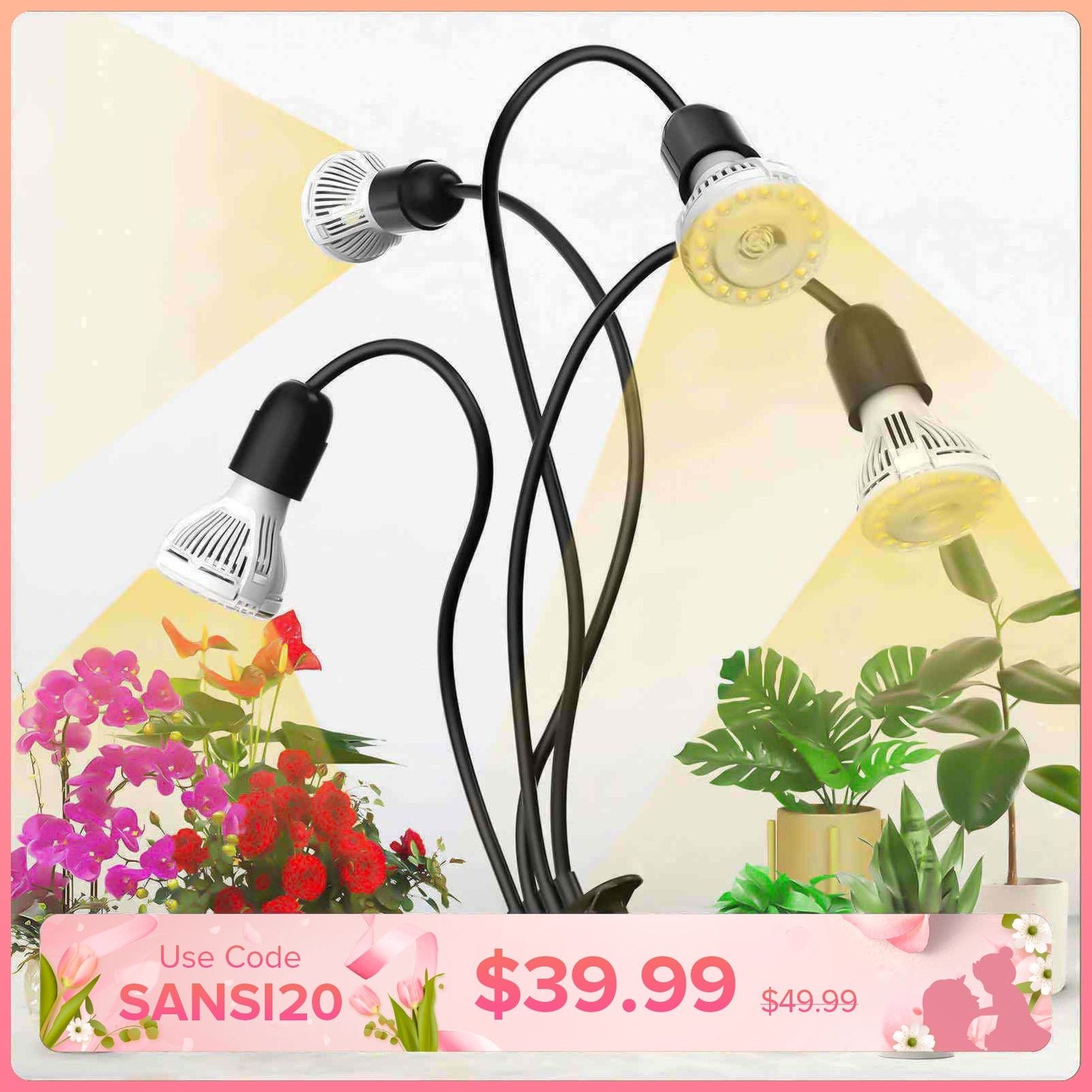 4-Head LED Grow Light 40W Clip-on Full Spectrum Plant Growth