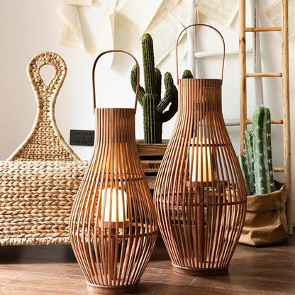 Flameless Candlestick Lantern LED Bamboo Floor Indoor Outdoor