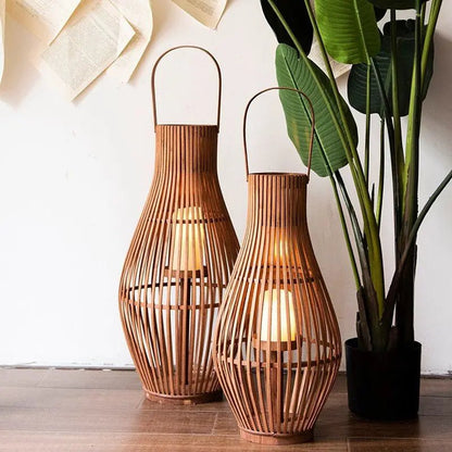 Flameless Candlestick Lantern LED Bamboo Floor Indoor Outdoor