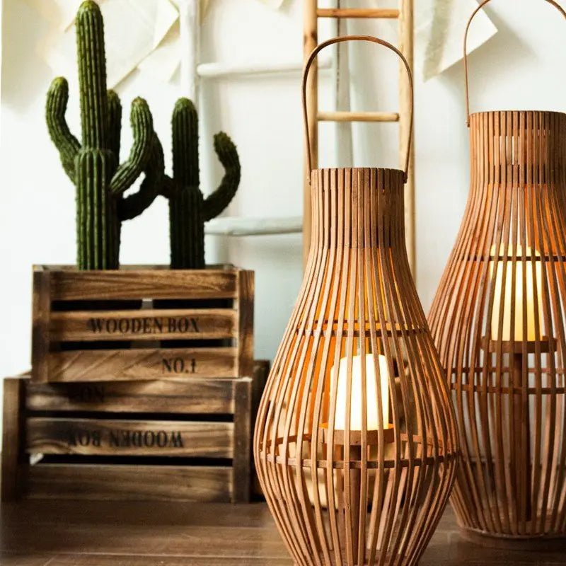 Flameless Candlestick Lantern LED Bamboo Floor Indoor Outdoor