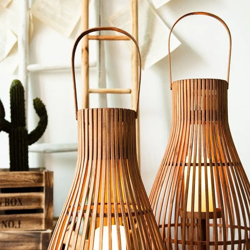 Flameless Candlestick Lantern LED Bamboo Floor Indoor Outdoor