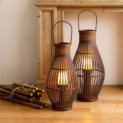 Flameless Candlestick Lantern LED Bamboo Floor Indoor Outdoor