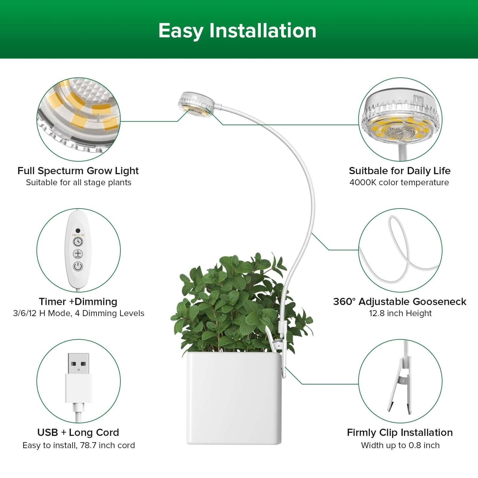LED Grow Light, 5W, Pot Clip, Indoor Plant
