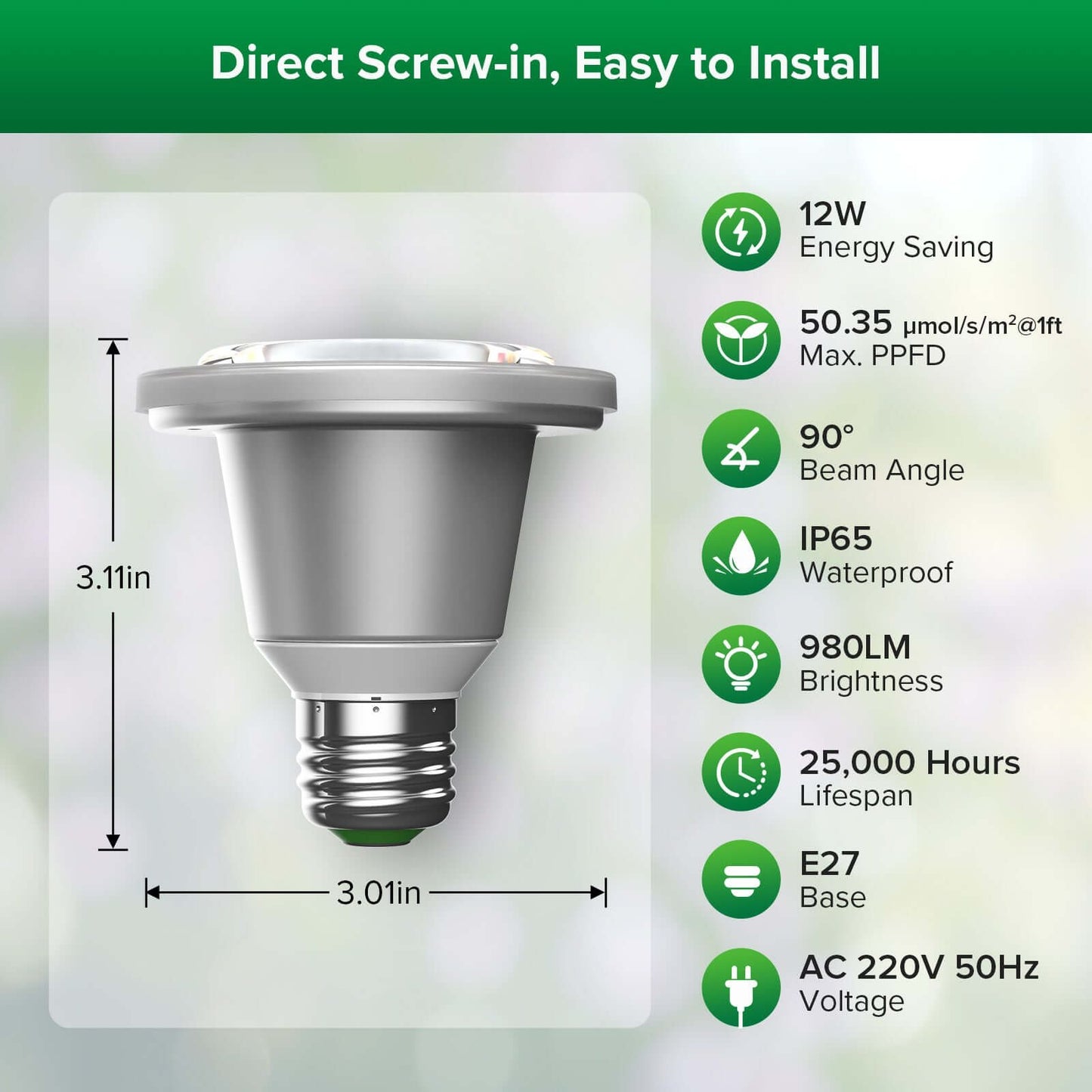 BR20 LED Grow Light, 12W, E26 Full Spectrum Plant Bulb