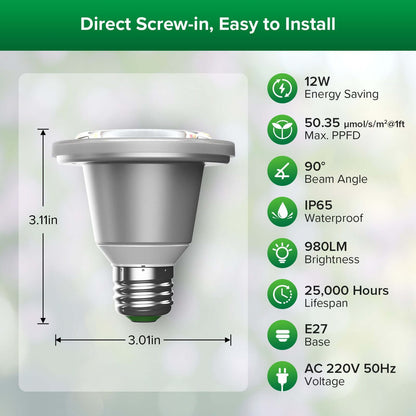 BR20 LED Grow Light, 12W, E26 Full Spectrum Plant Bulb
