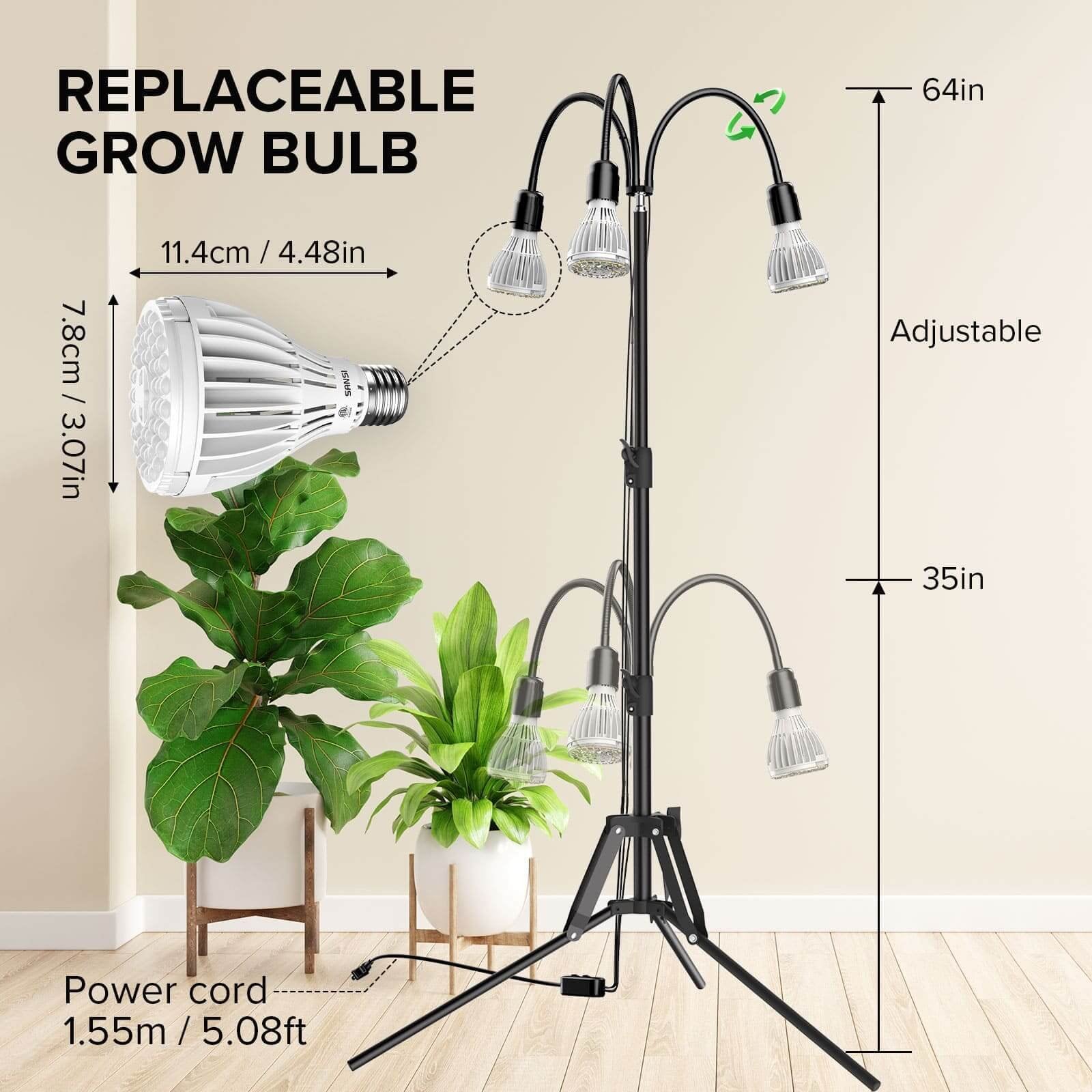 Multi-head Grow Light 96W Tripod Stand Full Spectrum for Plants