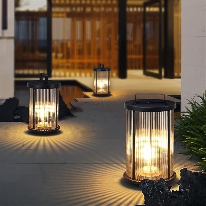 Solar Pleated Glass Lantern, LED Dusk-to-Dawn, Outdoor Garden Light