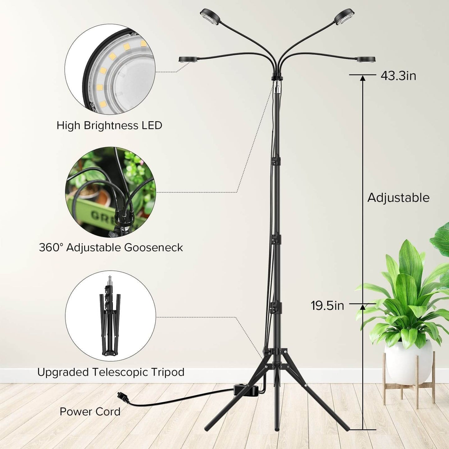 Grow Light, 40W 4-Head, Full Spectrum, Tripod Stand, Remote, Plant