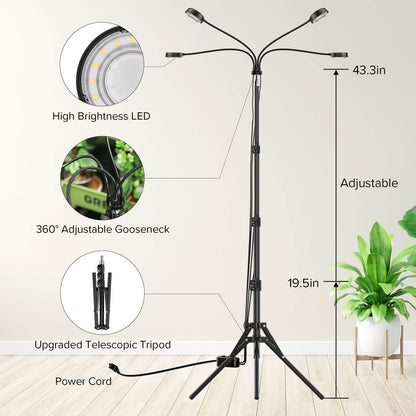 Grow Light, 40W 4-Head, Full Spectrum, Tripod Stand, Remote, Plant