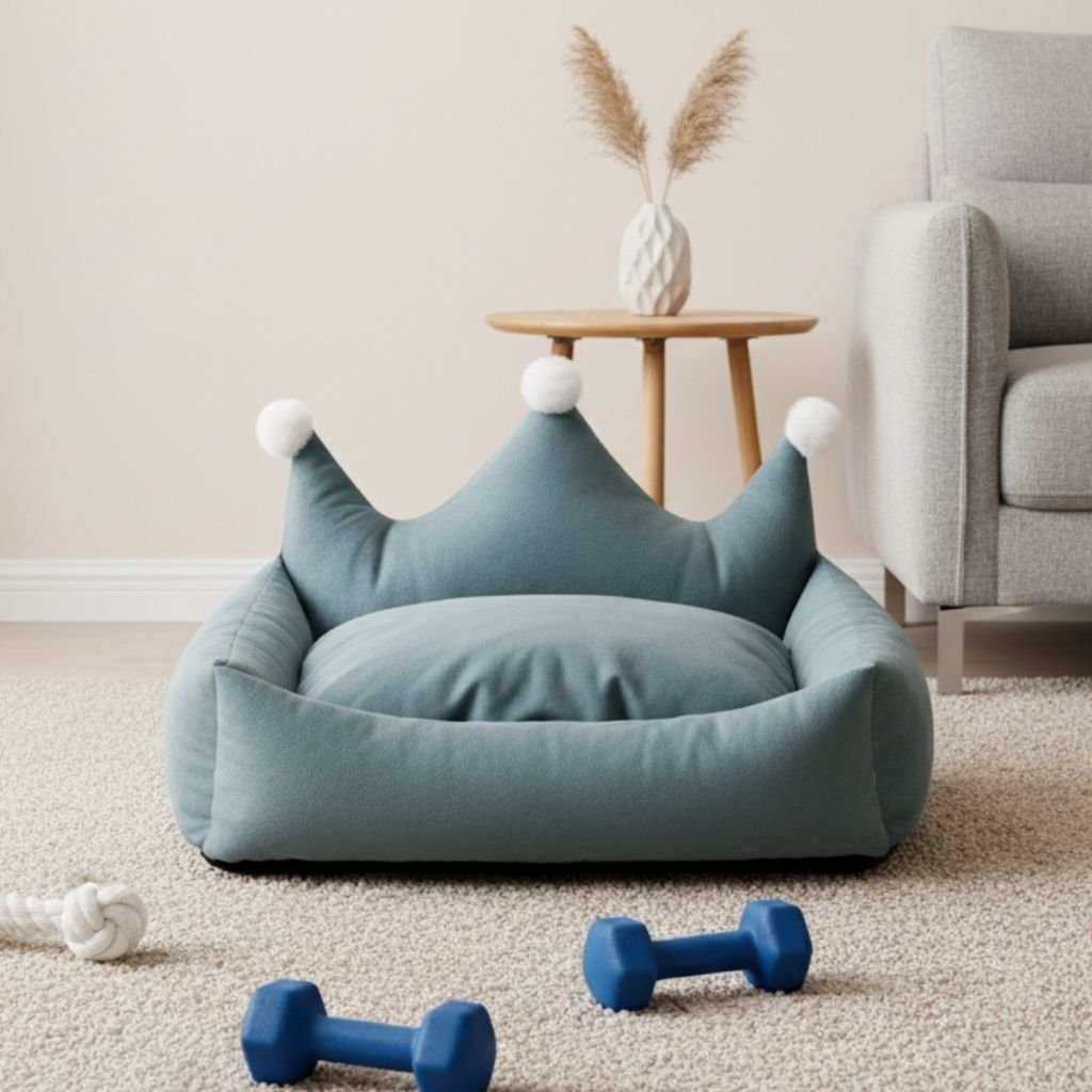 Leo Crown Dog Bed with Plush Cushion, Suede, Pet Bedding