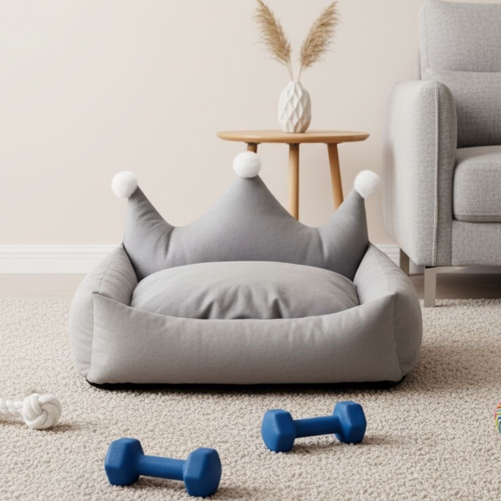 Leo Crown Dog Bed with Plush Cushion, Suede, Pet Bedding