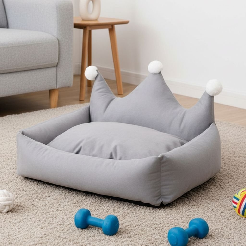 Leo Crown Dog Bed with Plush Cushion, Suede, Pet Bedding