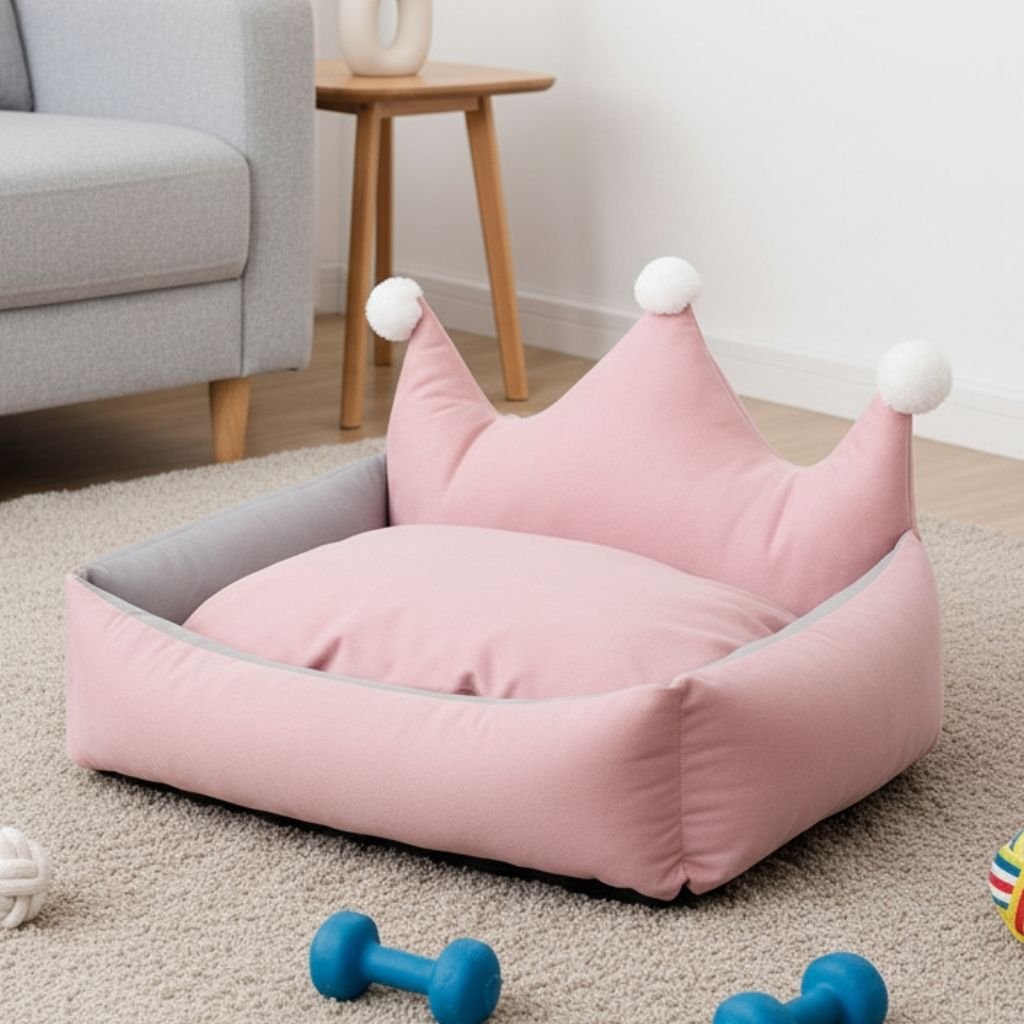 Leo Crown Dog Bed with Plush Cushion, Suede, Pet Bedding