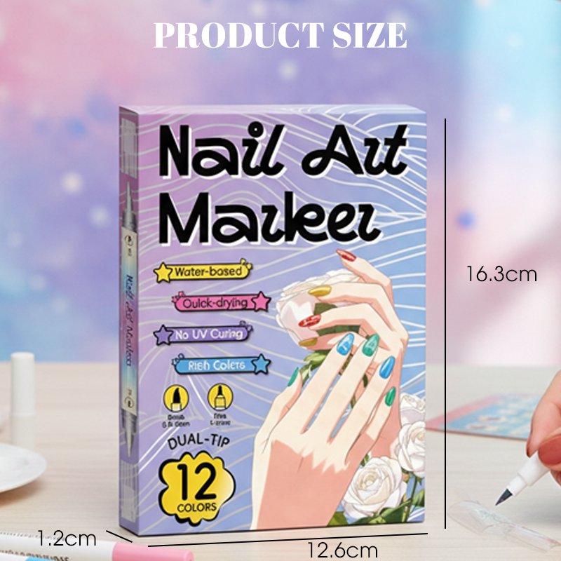 Dual-Tip Nail Art Marker Set, Quick-dry, No UV Lamp, 12