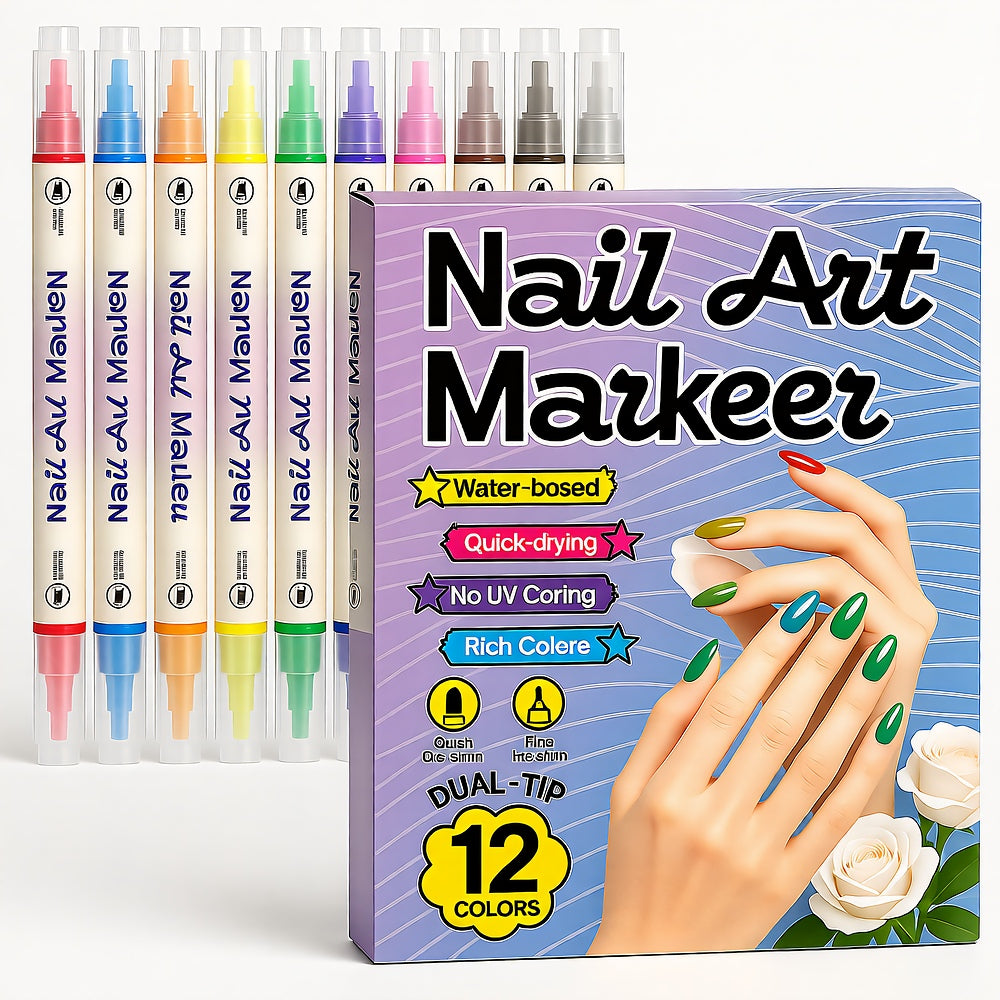 Dual-Tip Nail Art Marker Set, Quick-dry, No UV Lamp, 12