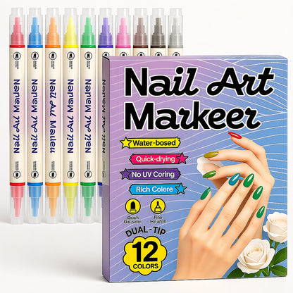 Dual-Tip Nail Art Marker Set, Quick-dry, No UV Lamp, 12