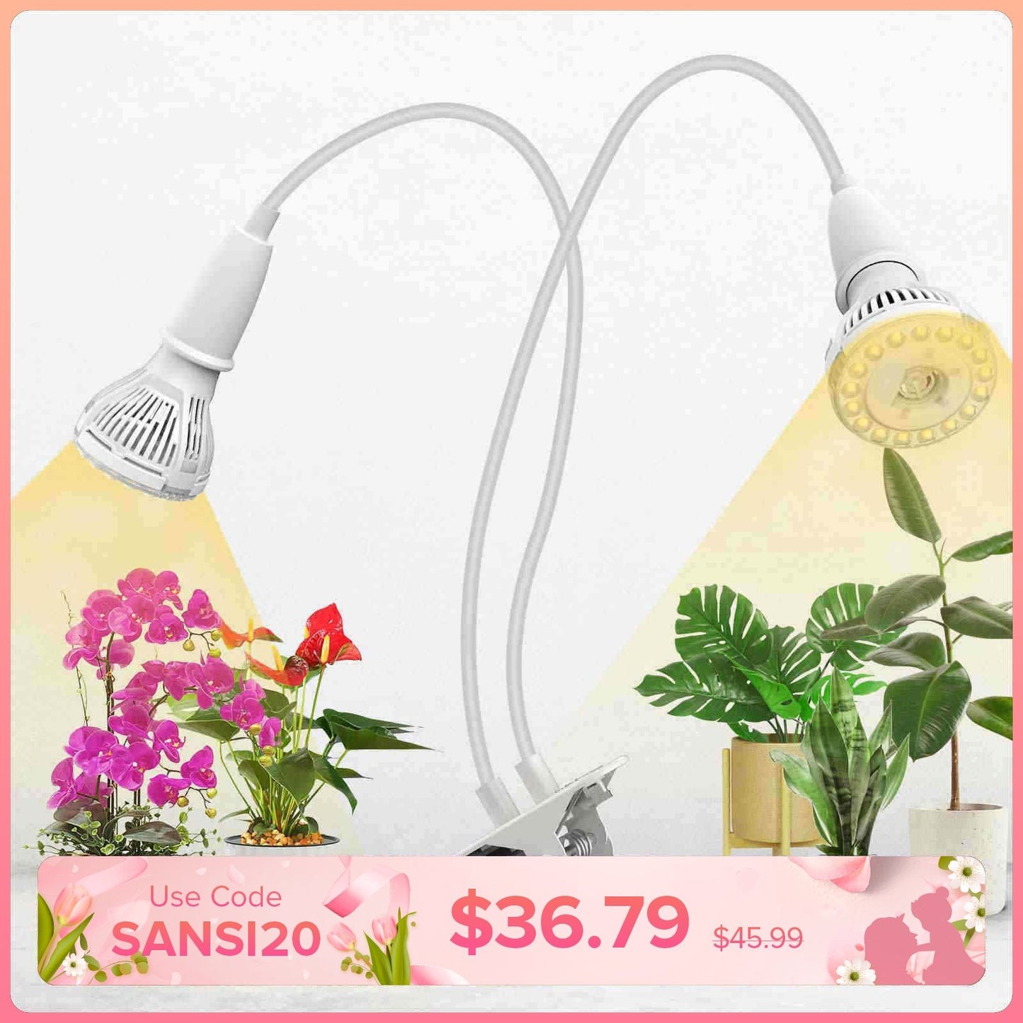 LED Grow Light, 20W Adjustable 2-Head, Clip-on Full Spectrum Plant