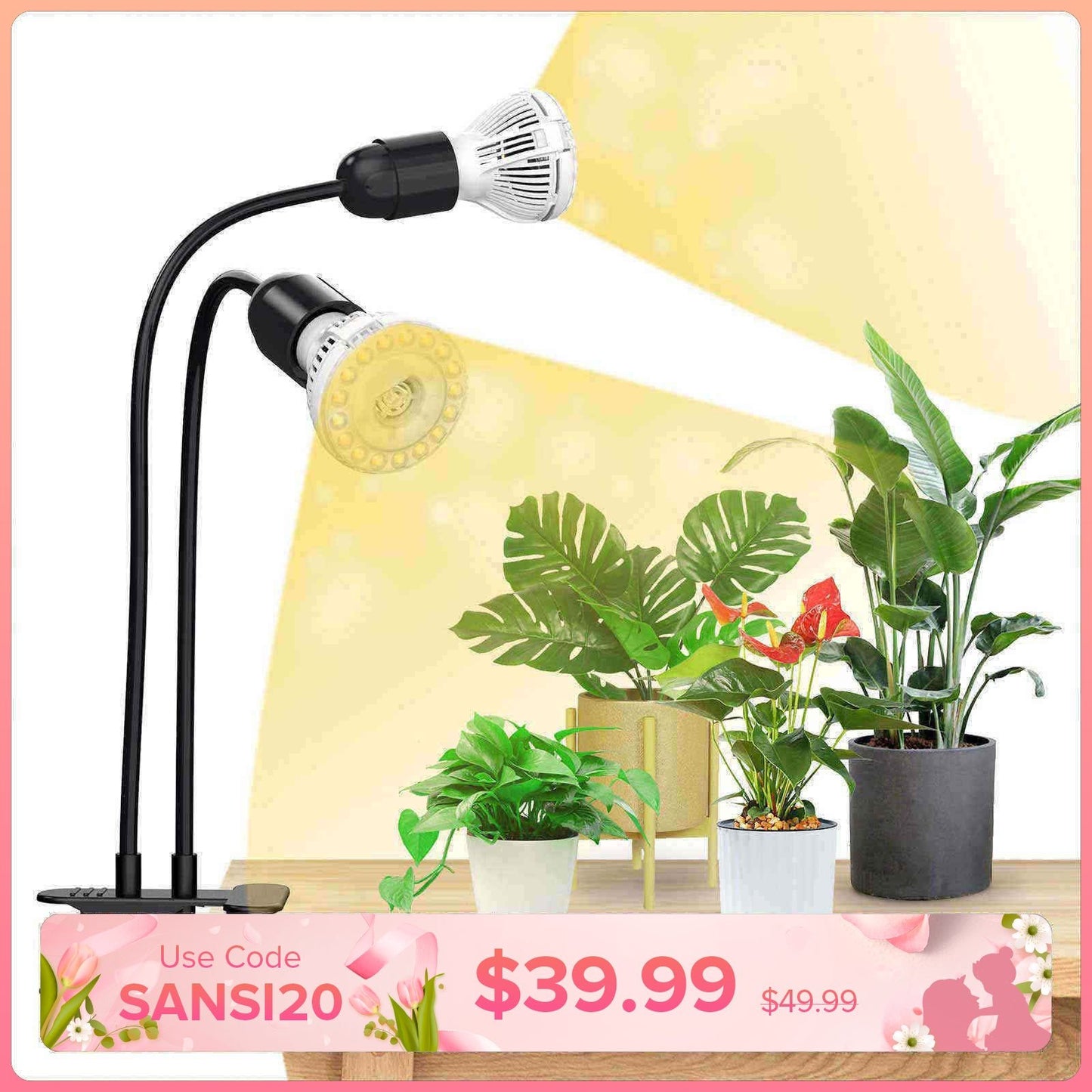 LED Grow Light, 20W Adjustable 2-Head, Clip-on Full Spectrum Plant